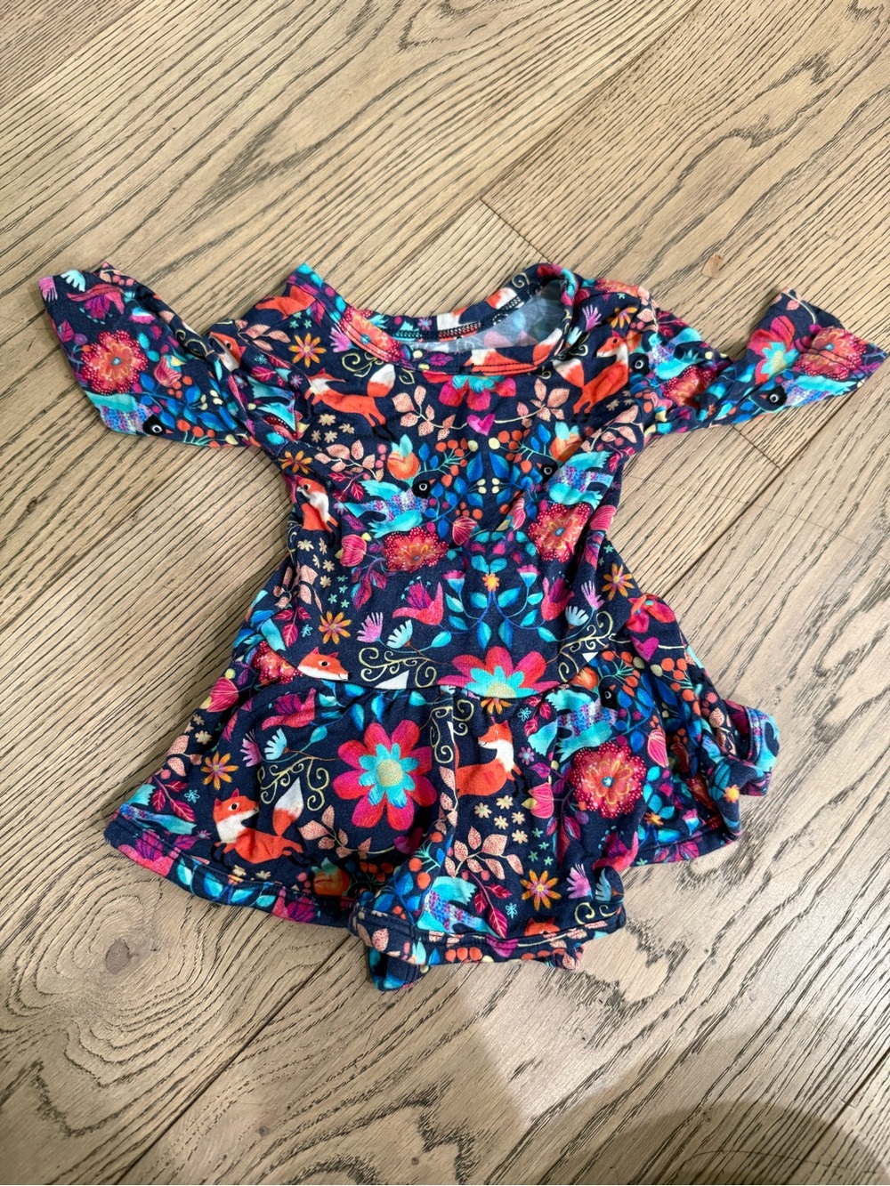 Girls Navy Floral & Fox Print Skirted Bodysuit